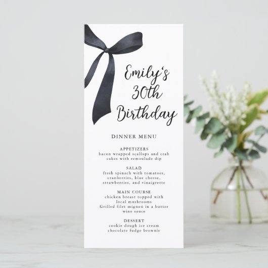 Waterverf Black Bow Verjaardagsdiner Menu (Staand voorkant)