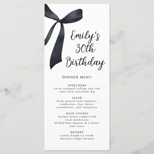 Waterverf Black Bow Verjaardagsdiner Menu (Voorkant)