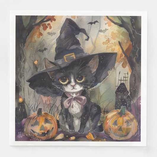 Waterverf Black Cat Halloween voor Decoupage Party Servet (Voorkant)