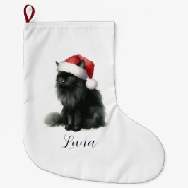 Waterverf Black Cat in feestelijke Santa Hat kous Grote Kerstsok