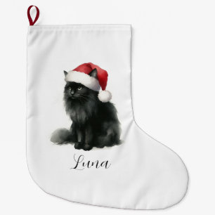 Waterverf Black Cat in feestelijke Santa Hat kous Grote Kerstsok