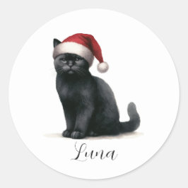 Waterverf Black Cat in feestelijke Santa Hat Stick Ronde Sticker