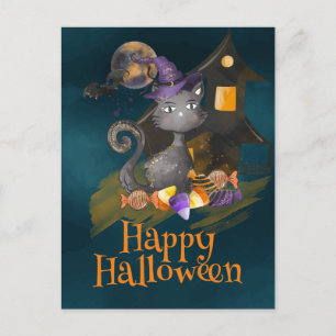Waterverf Black Cat met snoepjes, Halloween Briefkaart