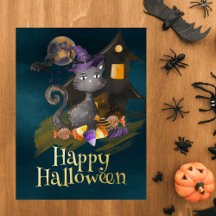 Waterverf Black Cat met snoepjes, Halloween