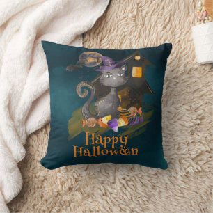 Waterverf Black Cat met snoepjes, Halloween Kussen