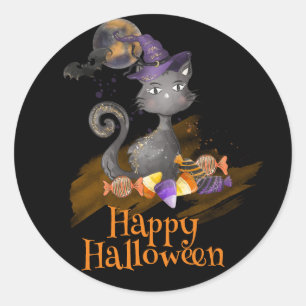 Waterverf Black Cat met snoepjes, Halloween Ronde Sticker