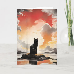 Waterverf Black Cat op een Rock Portrait Blank Kaart
