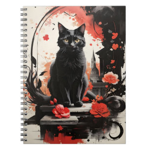 Waterverf Black Cat Splatter Art Red Flowers Notitieboek