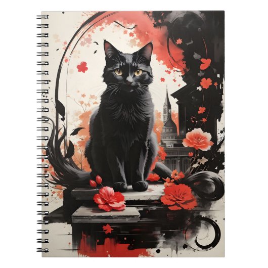 Waterverf Black Cat Splatter Art Red Flowers Notitieboek (Voorkant)