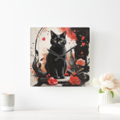 Waterverf Black Cat Splatter Art Red Flowers Vierkante Klok (Huis)