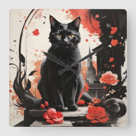 Waterverf Black Cat Splatter Art Red Flowers Vierkante Klok