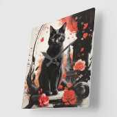 Waterverf Black Cat Splatter Art Red Flowers Vierkante Klok (Hoek)