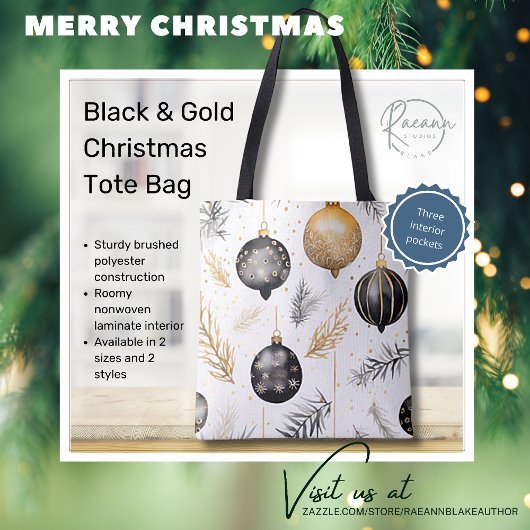 Waterverf Black & Gold Christmas Design Canvas tas