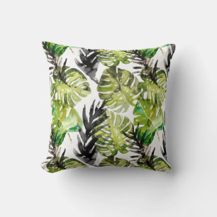 Waterverf Black Green Tropical Leaves Pattern Kussen