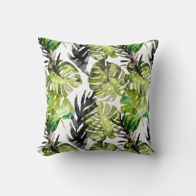 Waterverf Black Green Tropical Leaves Pattern Kussen (Voorkant)