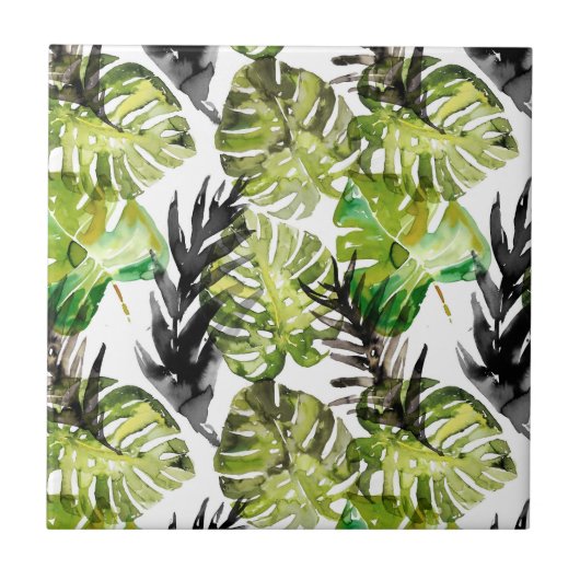 Waterverf Black Green Tropical Leaves Pattern Tegeltje (Voorkant)