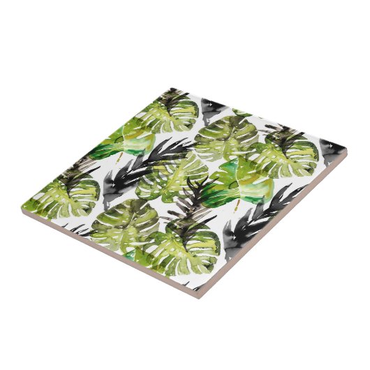 Waterverf Black Green Tropical Leaves Pattern Tegeltje (Zijkant)