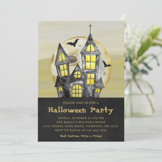 Waterverf Black Haunted House Halloween Party Kaart (Staand voorkant)