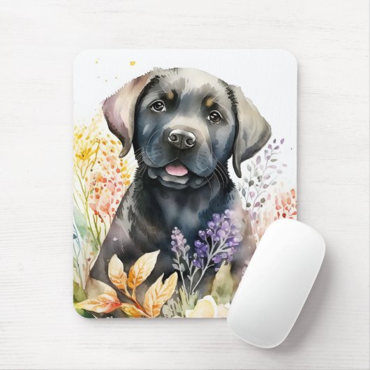 Waterverf Black Labrador Retriever en Flowers Muismat (Met muis)