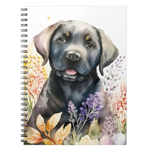 Waterverf Black Labrador Retriever en Flowers Notitieboek (Voorkant)