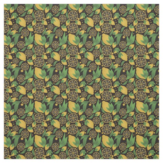 Waterverf Black Lemon Fruit Pattern Stof (Swatch)