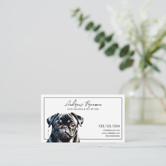 Waterverf Black Pug Dog Walking Visitekaartje (Staand voorkant)