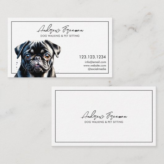 Waterverf Black Pug Dog Walking Visitekaartje (Voorkant / Achterkant)