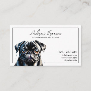 Waterverf Black Pug Dog Walking Visitekaartje