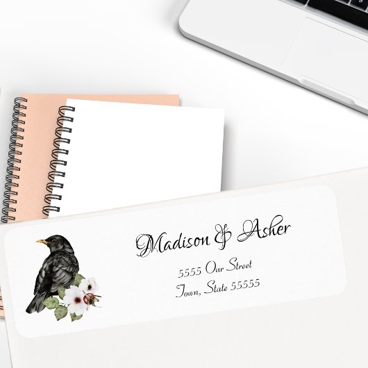 Waterverf Black Raven Elegant Bird Natuur Script Etiket