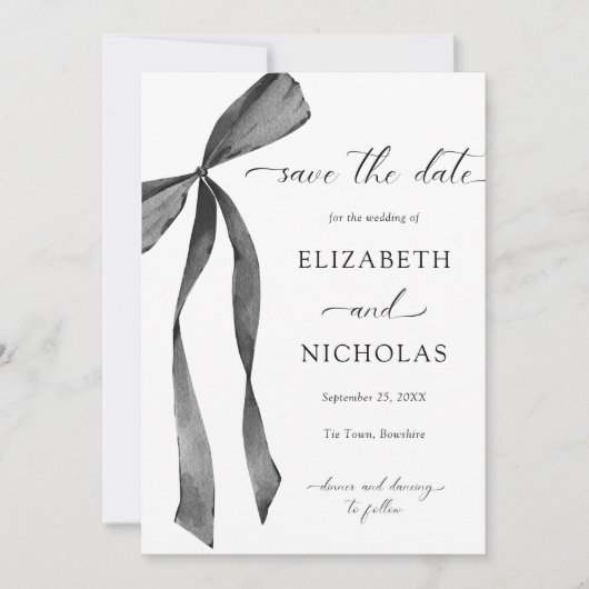Waterverf Black Ribbon Bow Wedding Save the Date Kaart (Voorkant)