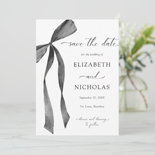 Waterverf Black Ribbon Bow Wedding Save the Date Kaart (Staand voorkant)