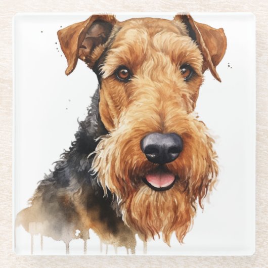  WATERVERF BLACK & TAN AIREDALE TERRIER DOG GLAZEN ONDERZETTER (Voorkant)