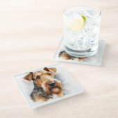  WATERVERF BLACK & TAN AIREDALE TERRIER DOG GLAZEN ONDERZETTER (Schuin)