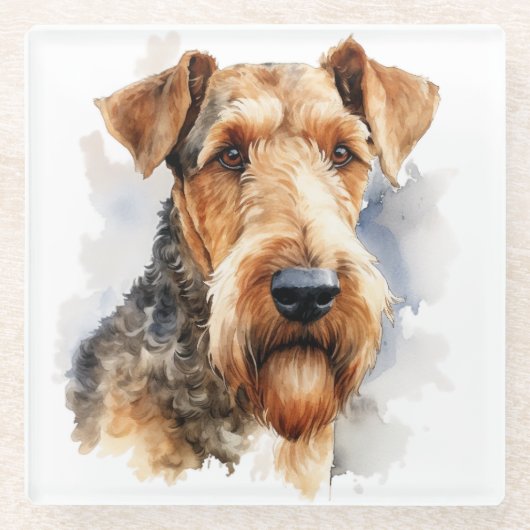  WATERVERF BLACK & TAN AIREDALE TERRIER DOG GLAZEN ONDERZETTER (Voorkant)