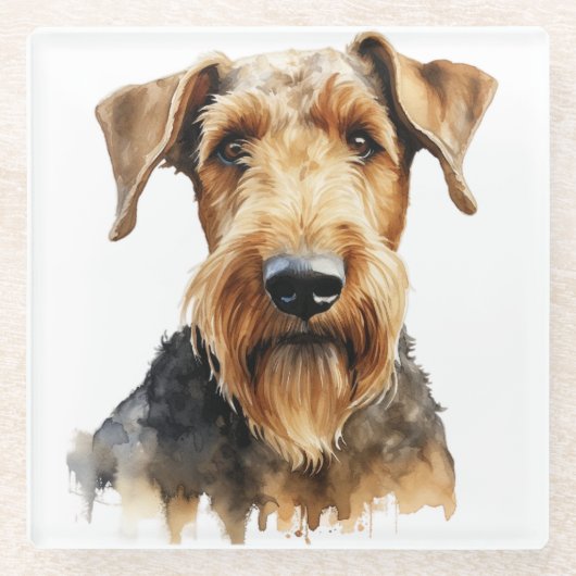  WATERVERF BLACK & TAN AIREDALE TERRIER DOG GLAZEN ONDERZETTER (Voorkant)