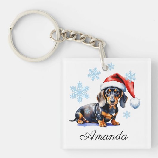 Waterverf Black & Tan Tachshund Kersthond Sleutelhanger (voorkant)