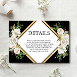 Waterverf Black White Floral DETAILS Informatiekaartje<br><div class="desc">Klassieke,  elegante,   antiek witte waterverf floral op zwarte achtergrond en faux gouden folie lijst. Het huwelijk DETAILS omslagkaarten voor uitnodigingen. Past elke trouwstijl aan,  eenvoudig maar toch klastig. De achterkant van de kaart heeft bruine en groom monogrammen. Pas deze met de uitnodigingen en andere punten in dit collectie aan.</div>