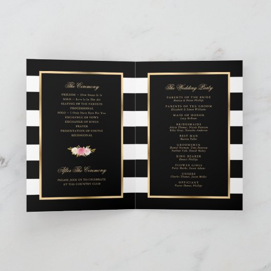 Waterverf Black White Gold Pink Floral Wedding Programma (Binnen)