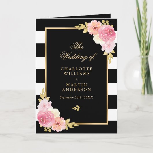 Waterverf Black White Gold Pink Floral Wedding Programma (Voorkant)