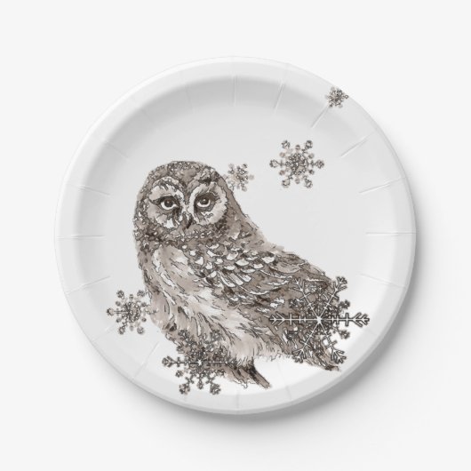 Waterverf Black & White Owl Bird Snowflakes Papieren Bordje (Voorkant)