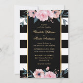 Waterverf Black White Stripe Pink Floral Wedding Kaart (Voorkant)