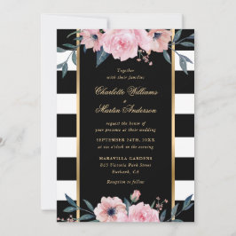 Waterverf Black White Stripe Pink Floral Wedding Kaart