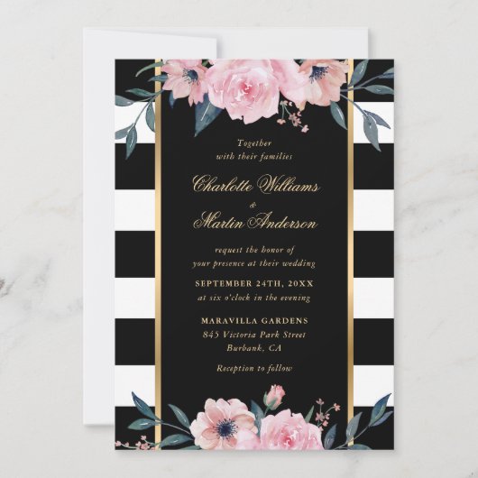 Waterverf Black White Stripe Pink Floral Wedding Kaart (Voorkant)