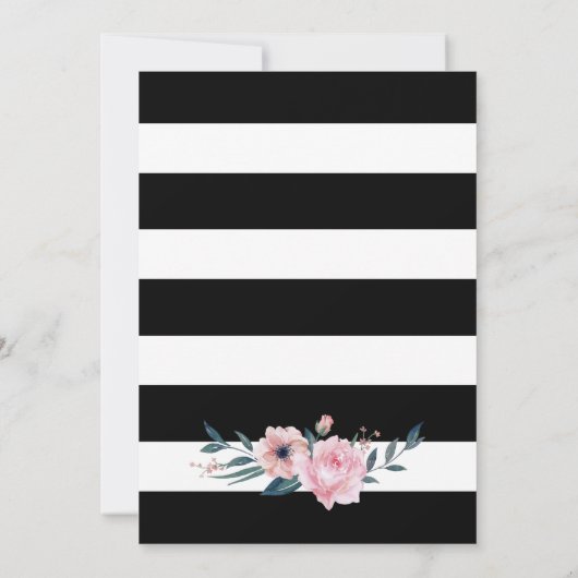 Waterverf Black White Stripe Pink Floral Wedding Kaart (Achterkant)