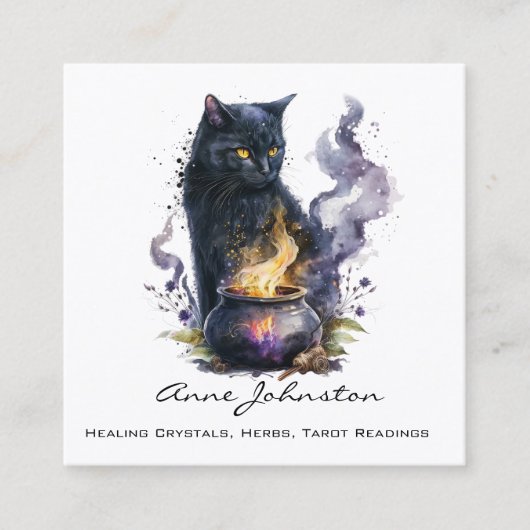 Waterverf Black Witches Cat Square Visitekaartje (Voorkant)