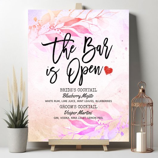 Waterverf Blad Bruiloft De Bar is Open Drankkaart Poster