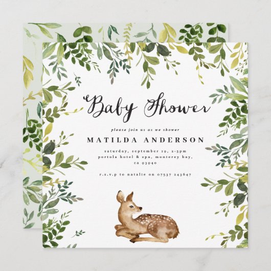 Waterverf blad en herten bos baby shower aankondiging (Voorkant / Achterkant)