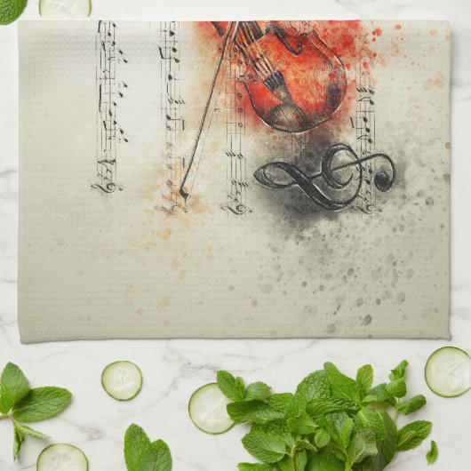 Waterverf — Blad Muziek en Violin Theedoek (Gevouwen)