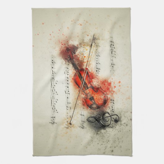 Waterverf — Blad Muziek en Violin Theedoek (Verticaal)