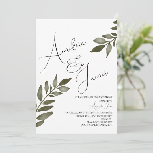 Waterverf Blad Tak Groene Script Bruiloft Kaart (Staand voorkant)